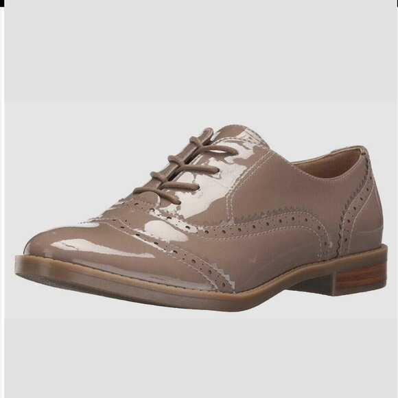 Franco Sarto Shoes - Franco Sarto Illia Faux Patent Leather Taupe Wingtip Shoes Women US 9M